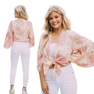 Elan Peach and Mauve Tie Dye Resort Wear Bohemian Tie Front Coverup One Size